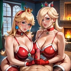 ai_generated blonde_female blonde_hair christmas christmas_clothing christmas_outfit gloves grabbing grabbing_penis handjob large_breasts lingerie mario_(series) mature milf pov pov_eye_contact princess_peach princess_rosalina super_mario_bros. zordilius