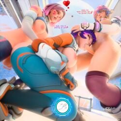 1girls 2futas 3d anal_sex antifragile_dazzle antifragile_kira-kira breasts_out crotchless double_penetration futa_on_female futanari jdv juno_(overwatch) kiriko_(overwatch) le_sserafim oral_sex overwatch overwatch_2 threesome