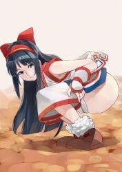 1girls ainu_clothes armpit_peek ass big_ass black_hair boots clothes_pull coveredcore fat_ass fingerless_gloves from_side gloves grey_eyes hair_ribbon highres huge_ass king_of_fighters king_of_fighters_xv long_hair looking_down nakoruru no_panties pants pants_pull ribbon samurai_shodown smile snk solo squatting thick_thighs thighs voluptuous