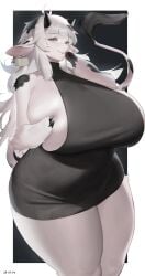 1girls anthro big_breasts black_dress bovid bovine breasts commission cow_print ear_tag female female_only fur furry green_eyes hooved_fingers horns huge_breasts long_hair looking_at_viewer sideboob smiling smiling_at_viewer solo tail tail_tuft thick_thighs white_fur white_hair wide_hips woobin94