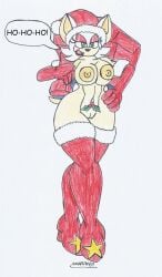 anthro anthro_female anthro_only bat_girl beige_body beige_fur beige_nipples big_breasts big_hips christmas christmas_outfit christmas_present christmas_wreath cosplay furry furry_female furry_only gift_bag hand_on_hip looking_at_viewer marlon64 mobian_(species) naked_boots naked_female naked_gloves navel_piercing red_makeup rouge_the_bat santa_claus_(cosplay) santa_costume santa_hat solo_female sonic_(series) talking_to_viewer text_bubble traditional_drawing white_background white_hair winged_humanoid