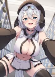 bare_shoulders black_gloves black_hat black_thighhighs blue_eyes blush breasts cleavage cleavage_cutout clothing_cutout crop_top elbow_gloves female gloves goggles goggles_on_head grey_hair hat highres large_breasts leaning_forward looking_at_viewer medium_hair midriff miniskirt mochiko-san_(voicevox) navel open_mouth outstretched_arms shirt shun_(b.c) skirt sleeveless sleeveless_shirt smile solo thighhighs thighs voicevox white_shirt white_skirt