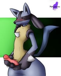 anthro balls blush bodily_fluids canid canine erection generation_4_pokemon genital_fluids genitals hi_res humanoid_genitalia humanoid_penis lucario male male_only mammal masturbation natysanime nintendo penile penile_masturbation penis pokemon pokemon_(species) precum solo wide_hips