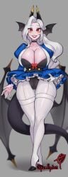 big_breasts big_thighs bow evil_eyes garter_belt garter_straps horns huge_breasts huge_thighs light_skin lips lipstick logo long_hair no_text orange_eyes original_character red_bow smile squallpion stockings two_tone_eyes white_hair white_panties white_skin wing_ears