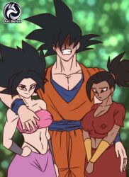 1boy 2girls artdefox bare_arms bare_shoulders big_breasts black_hair caulifla color dragon_ball dragon_ball_super female grabbing_breasts hand_on_breast hi_res kale large_breasts light-skinned_female light_skin long_hair male male/female multiple_girls nipples_visible_through_clothing son_goku thick_thighs