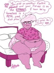 angel_dust_(hazbin_hotel) canopudding fat_ass holding_belly human obese sitting_on_bed speech_bubble thought_bubble