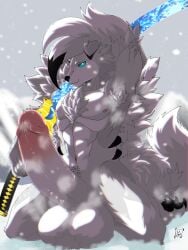 absurd_res anthro armpit_hair balls big_balls big_feet big_penis blue_eyes body_hair chest_tuft feet fluffy fluffy_tail fur generation_7_pokemon genitals grey_body grey_fur happy_trail hi_res huge_balls huge_cock kneeling lazaxus lycanroc male multicolored_body multicolored_fur musk musk_clouds musky_armpit musky_balls musky_cock nintendo nipples odachi pawpads paws penis pokemon pokemon_(species) pupils sethyrus_drakar_(lycanroc_form) skinny snow snowing solo tail thick_thighs tuft white_body white_fur white_pupils