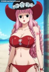 ai_generated aindroidparanoid beach big_breasts big_butt big_thighs bikini black_eyes cameltoe cleavage curvy curvy_figure cute female female_only hat large_butt massive_breasts narrow_waist navel one_piece outdoors perona pink_hair stable_diffusion strapless swimsuit tight_clothing voluptuous wavy_hair