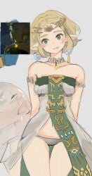 blonde_hair elf elf_ears elf_female hatenokatasumi miwa princess_zelda tears_of_the_kingdom the_legend_of_zelda wide_hips zelda_(tears_of_the_kingdom) zonai_outfit