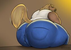 anthro ass big_butt bottomwear clothed clothing denim denim_bottomwear denim_clothing duo equid equine hi_res horse jeans lesicko looking_back male male_only mammal micro micro_in_ass muscular muscular_anthro muscular_male pants raised_tail tail thick_thighs