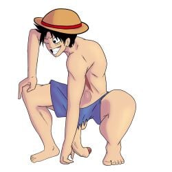 big_penis black_hair hat heavy_penis male_only massive_balls monkey_d_luffy my_anjel one_eye_closed one_piece partially_clothed partially_undressed penis_on_floor penis_out penis_out_of_shorts penis_through_hole pirate ripped_shorts scar_on_chest shirtless shorts straw_hat uncomfortable_pose visible_penis