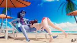 2girls 3d beach big_ass breasts breasts_out brown_hair d.va denisem female female/female female_only hoop_earrings human legs licking light-skinned_female lipstick long_hair nail_polish nipples one-piece_swimsuit open_mouth outdoors outside overwatch ponytail purple_hair purple_skin spread_legs sunglasses swimsuit swimsuit_aside tattoo toenail_polish tongue tongue_out widowmaker yellow_eyes yuri