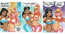 aladdin colored crossover dark-skinned_female dialogue disney disney_princess exposed_breasts genie genie_(aladdin) humor i_dream_of_jeannie interracial jeannie joe_gravel light-skinned_female nipples princess_jasmine sketch_card speech_bubble text yuri