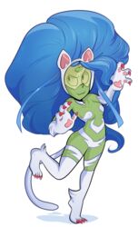 blue_hair blushmallet breasts capcom cartoon_network catgirl claws cosplay darkstalkers felicia_(darkstalkers)_(cosplay) female female_focus female_only flat_chest gem_(species) green_skin nipples paws peridot_(steven_universe) pussy red_nails steven_universe tail