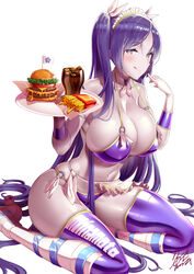 alternate_costume alternate_hairstyle big_breasts bikini fate/grand_order fate_(series) holding_object huge_breasts licking_lips looking_at_viewer minamoto_no_raikou_(fate/grand_order) pale-skinned_female pale_skin purple_hair thick_thighs thighhighs twintails uo_denim