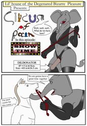 anal anthro bondage circus_of_pain comic dildo duo elephant elephantid english_text equid equine feces female hi_res horse lil_house male mammal proboscidean scat sex_toy straight text