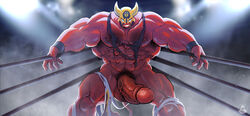 anthro balls clothing demon devil_mask_(mskah) erection fighting_ring genitals horn humanoid_genitalia humanoid_penis lucha_del_diablo male male_only mask mskah muscular muscular_anthro muscular_male penis red_body solo torn_clothing vein veiny_penis