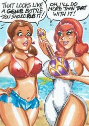 2girls beach big_breasts brown_hair colored curvy dialogue gilligan's_island ginger_grant humor joe_gravel mary_ann_summers multiple_girls nonude red_hair sexually_suggestive sketch_card speech_bubble text