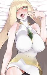 1girls big_breasts blonde_hair blush breasts female green_eyes hirokanekure large_breasts lusamine_(pokemon) mature_female milf mother nintendo pale-skinned_female pale_skin panties_down pokemon pokemon_sm