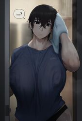 ... 1girls ? big_breasts black_eyes black_hair breasts covered_nipples curvy dark_hair erect_nipples erect_nipples_under_clothes huge_breasts huge_nipples kunaboto kurogane_(kunaboto) looking_at_viewer loose_clothes nipple_bulge original question_mark short_hair solo sweat sweat_stain upper_body venus_body wet wet_hair wide_hips