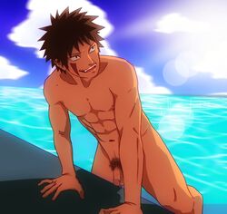 1boy abs balls bent_over black_eyes brown_hair facepaint flaccid inuzuka_kiba little_penis maiheihei male male_only naked naruto naruto_(series) naruto_shippuden nipples nude nude_male ocean penis pose posing pubes pubic_hair small_penis smile smiling solo solo_focus solo_male standing testicles tiny_penis uncensored