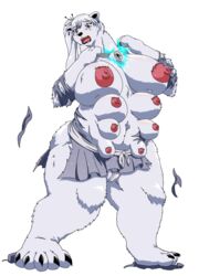 2019 8_breasts alpha_channel alternate_species amulet anthro black_nose breasts clothing female fur genitals mammal mankor multi_breast nipples open_mouth polar_bear pussy rwby simple_background solo standing surprise torn_clothing transformation transparent_background ursid ursine weiss_schnee white_body white_fur