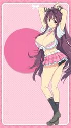 bra gyaru huge_breasts murasaki_(senran_kagura) nervous open_mouth open_shirt panties pink_bra purple_hair senran_kagura short_skirt shy unkempt very_long_hair wavy_hair yaegashi_nan