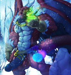 abs anthro balls cursedmarked dragon erection genitals horn humanoid_genitalia humanoid_penis male membrane_(anatomy) membranous_wings navel nipples pecs penis potion scalie snow solo vein veiny_penis western_dragon wings