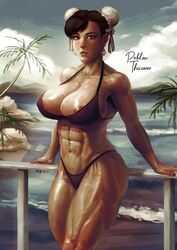 abs areola areola_slip bangs big_breasts bikini blush breasts brown_eyes brown_hair chun-li cleavage double_bun earrings female female_only hair_bun muscles muscular_female nipple_bulge nipples pablowthiccasso pose sideboob solo solo_female street_fighter tan-skinned_female tan_skin thick_thighs thighs