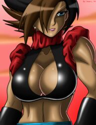 1girls 2014 abs alternate_version_at_source alternate_version_available big_breasts breasts brown_hair brown_skin cleavage cyan_eyes dark-skinned_female dark_skin deviantart dragon_ball dragon_ball_super dragon_ball_xenoverse dragon_ball_z earrings female female_focus female_only fusion hair_over_one_eye hypothetical_fusion lips lipstick looking_over metamoran_clothing muscles muscular muscular_female oc original_character red_earrings saiyan serious shiny shiny_breasts shiny_skin sseanboy23