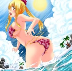 amber_eyes bikini blonde_hair blush fairy_tail large_breasts lucy_heartfilia mariablueneko ocean palm_tree seaside side-tie_bikini sun voluptuous wardrobe_malfunction water