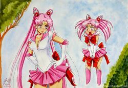 aged_up bishoujo_senshi_sailor_moon blush chibi_usa cleavage clothing double_bun growth pink_hair safe sailor_chibi_moon serafuku skirt small_breasts torn_clothes torn_clothing twintails youjintsukino