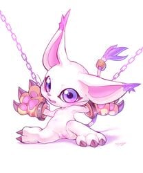 2020 absurd_res anthro bandai_namco blush bound chained chains claws clothing cute_fangs digimon digimon_(species) ear_tuft female full-length_portrait fur gatomon genitals gloves handwear hi_res looking_at_viewer navel nipples pawpads pink_pawpads portrait purple_eyes purple_theme pussy signature simple_background solo tamanosuke tuft whiskers white_background white_body white_fur