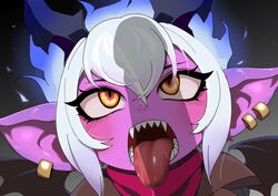 1girls league_of_legends little_demon_tristana looking_at_penis orange_eyes papershounen penis_shadow purple_skin saliva_on_tongue sharp_teeth short_hair tongue_out tristana white_hair yordle