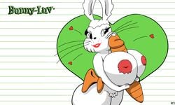 5:3 anthro big_breasts bodily_fluids breasts cum ears_up female genital_fluids heart hi_res huge_breasts lagomorph leporid logo mammal mop_(artist) rabbit solo thick_thighs whiskers