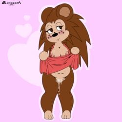 1:1 animal_crossing anthro belly blanagami blush bodily_fluids breasts brown_body brown_fur clothed clothing clothing_lift eulipotyphlan female freckles fur genital_fluids genitals half-closed_eyes hedgehog hi_res hindpaw mammal narrowed_eyes nintendo nipples paws pussy pussy_juice quills sable_able simple_background slightly_chubby smile solo video_games