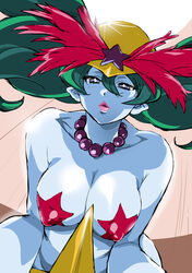 1girls big_breasts bishoujo_senshi_sailor_moon blue-skinned_female blue_skin breasts cleavage costume daimon death_busters erect_nipples female green_hair hat huge_breasts humanoid kissy_face large_breasts mamesi-ii monster_of_the_day necklace nipple_covers pasties red_pasties star_pasties u-chouten villainess white_skin