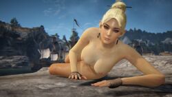 3d areolae athletic big_breasts black_desert_online blonde_hair breasts cute elf female fit model nipples original_character outdoors ponytail posing ranger teenager thekarabee young