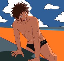 1boy abs bent_over black_eyes black_panties brown_hair bulge facepaint flaccid inuzuka_kiba maiheihei male male_only naruto naruto_(series) naruto_shippuden nipples panties pose posing smile smiling solo solo_focus solo_male standing swimming_trunks uncensored