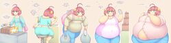 belly_expansion eating fat hyper hyper_belly obese overweight pink_hair pixiveo smiling tight_clothes weight_gain