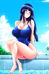 1girls barefoot blue_hair blush breasts cleavage evildei eyelashes feet female female_only hi_res hyuuga_hinata large_breasts long_hair looking_at_viewer naruto naruto_(series) naruto_shippuden pool poolside sitting smile swimsuit toes violet_eyes water