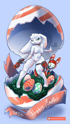 2020 9:16 anthro areola barely_visible_genitalia barely_visible_pussy blue_background breasts duo easter_egg english_text female fur genitals grass green_eyes gun head_tuft hi_res holding_gun holding_object holding_weapon kiaun lagomorph leporid mammal navel nipples nova_(xen) nude pussy rabbit ranged_weapon simple_background smile standing text tuft url weapon white_body white_fur