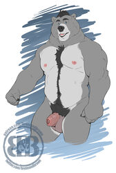 2020 anthro asher_(bruteandbrawn) balls barazoku belly black_hair black_nose black_pubes blue_eyes body_hair bruteandbrawn digital_media_(artwork) eyebrows fingers flaccid foreskin front_view fur genitals glans grey_body grey_fur grin hair happy_trail hi_res humanoid_genitalia humanoid_penis looking_at_viewer male male_only mammal multicolored_body multicolored_fur musclegut navel nipples nude open_mouth pecs penis pinup pose pubes simple_background slightly_chubby smile solo standing two_tone_body two_tone_fur uncut unretracted_foreskin urethra ursid watermark