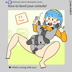 accurate_art_style amelia_n. anthro ass blue_hair female_only flustered masturbation mob_face nintendo nintendo_3ds nintendo_switch shocked skankamora switch_dog two_girls yuri