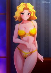 bishoujo_senshi_sailor_moon blonde_hair bra gold_hair lingerie looking_at_viewer medium_breasts mimete navel panties short_hair small_breasts style_parody underwear underwear_only wavy_hair yellow_bra yellow_lingerie yellow_panties zel-sama