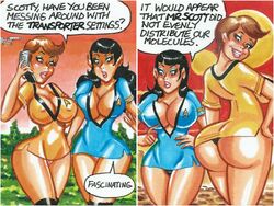 2girls alien blue_shirt breasts busty cleavage colored combadge communicator dat_ass dialogue english_text enterprise_(star_trek) female female_only genderswap_(mtf) golden_shirt hourglass_figure human humanoid humor james_t._kirk joe_gravel nonude pointy_ears rule_63 sketch_card spaceship speech_bubble spock star_trek star_trek_the_original_series starfleet_insignia starfleet_uniform text voluptuous vulcan_(species)