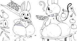 1boy ? ass baobab_(kg88) belt belt_collar bunny carrot chubby chubby_male collar different_angle drumstick food ham hips kg88 lagomorph lagomorph_humanoid large_ass line_art male male_focus male_only rabbit shorts shortstack sword thick_thighs thighs tomato two_angles wide_hips