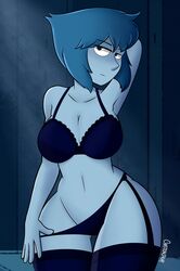 big_breasts blue_eyes blue_hair blue_skin bra cartoon_network cartoonsaur female female_focus female_only lapis_lazuli_(steven_universe) lingerie long_hair narrow_shoulders panties solo solo_female solo_focus steven_universe stockings thick_thighs thighhighs wide_hips