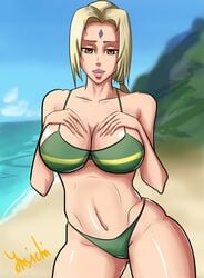 1girls beach big_breasts bikini blonde_hair breasts brown_eyes busty cleavage facial_mark female female_only forehead_mark hands_on_own_chest lipstick long_hair looking_at_viewer makeup naruto naruto_(series) naruto_shippuden ocean ponytail sand tied_hair tsunade water wide_hips ynsichi