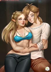 bedroom bedroom_eyes blonde_hair blue_eyes breath_of_the_wild didi_esmeralda hylian imminent_sex link link_(breath_of_the_wild) long_hair medium_breasts old_shirt pointy_ears princess_zelda the_legend_of_zelda undressing well-worn_outfit well-worn_trousers zelda_(breath_of_the_wild)